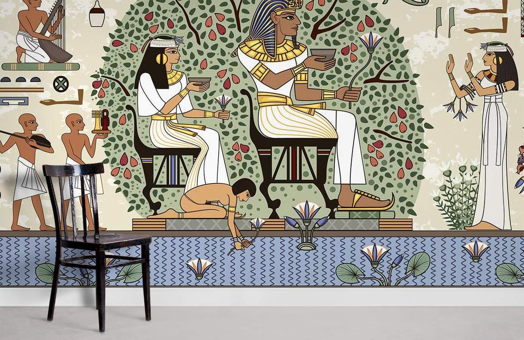 Ancient Egyptian mural wallpaper with hieroglyphics, vibrant colours, black chair, grey flooring, living room.