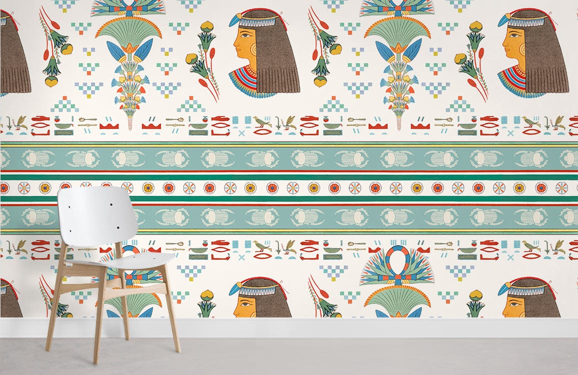 Egyptian Revival wallpaper with colourful ancient patterns, white chair, minimalist decor, light flooring.
