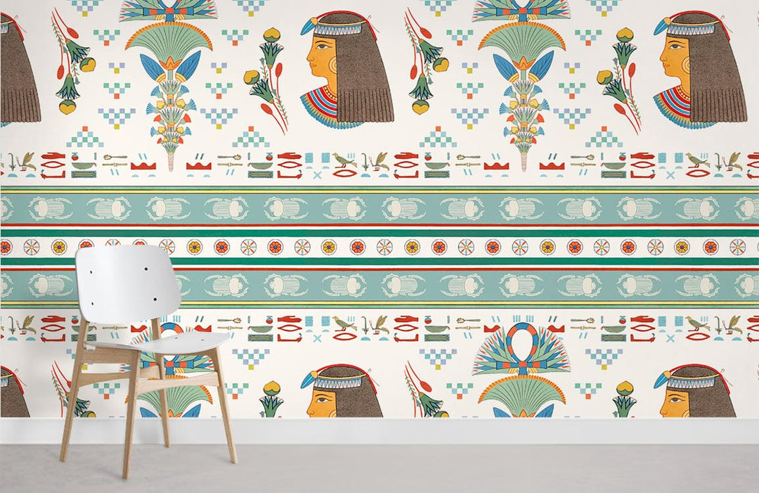 Egyptian Revival wallpaper with colourful ancient patterns, white chair, minimalist decor, light flooring.