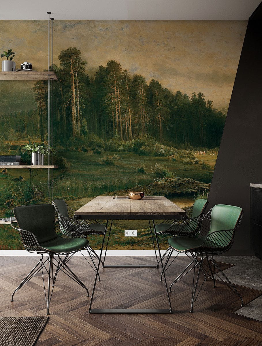 Tranquil Forest Landscape Mural Wallpaper, dining room, Victorian style, green chairs, wooden herringbone flooring.