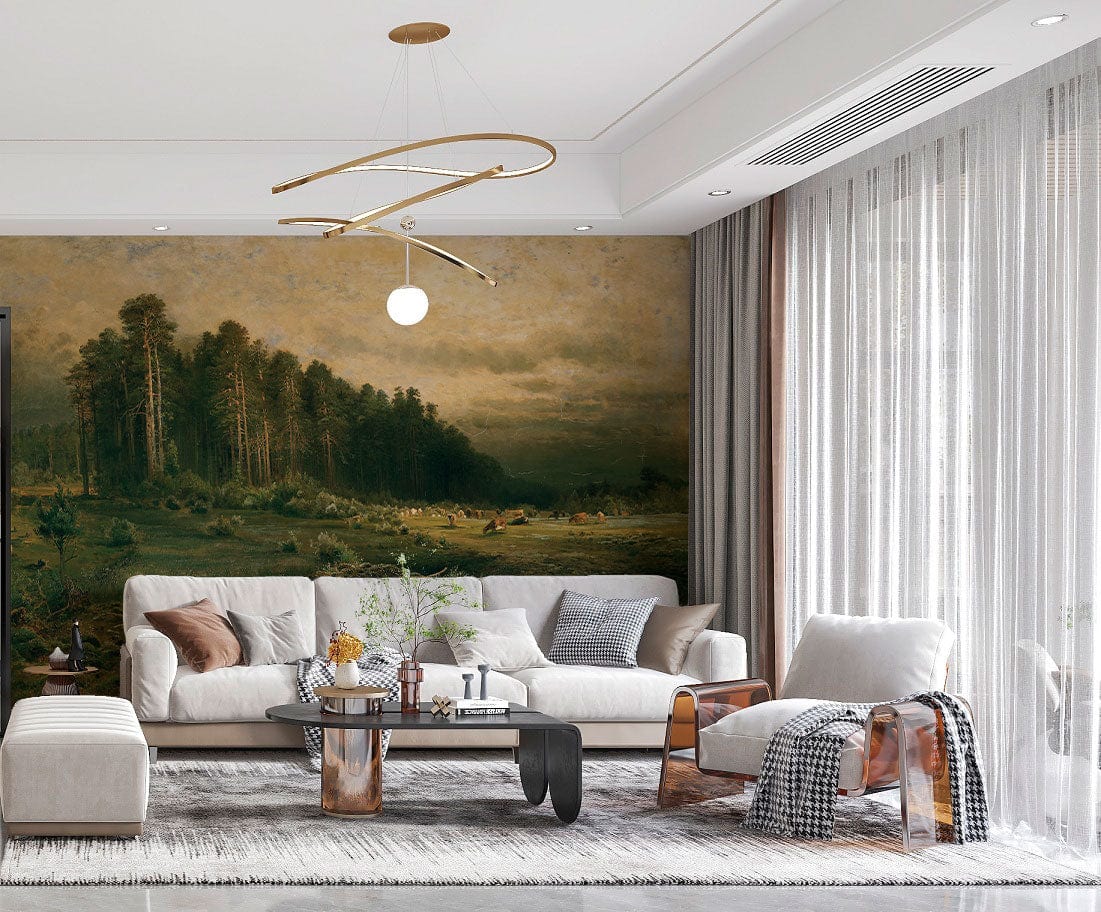 Tranquil forest mural wallpaper in Victorian style, modern living room with neutral sofa and rug.