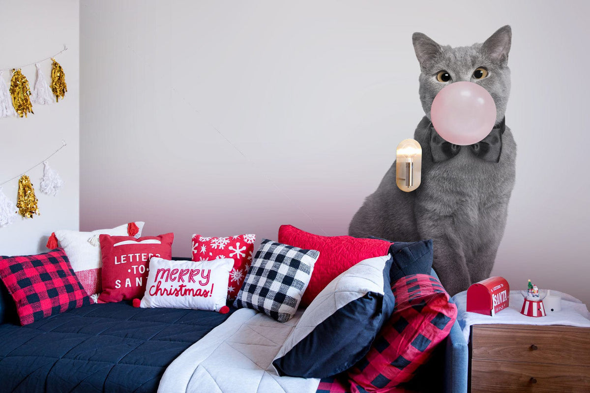 Grey cat mural wallpaper, whimsical design, colourful pillows, bedroom setting, contemporary style, cosy decor.