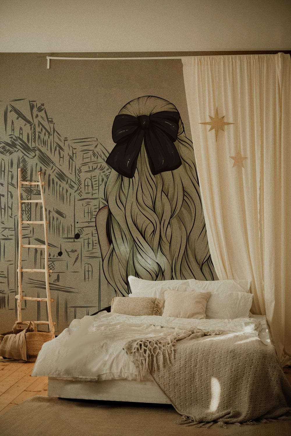 Elegant Cityscape Mural Wallpaper in bedroom with monochrome sketch, wooden floor, white bed, beige curtain.