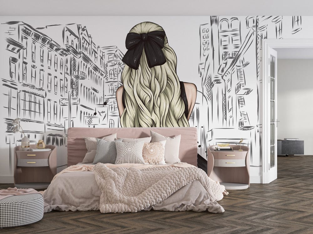 Elegant Cityscape Mural Wallpaper in Monochrome Sketch, featuring a fashionable black dress in chic bedroom setting.