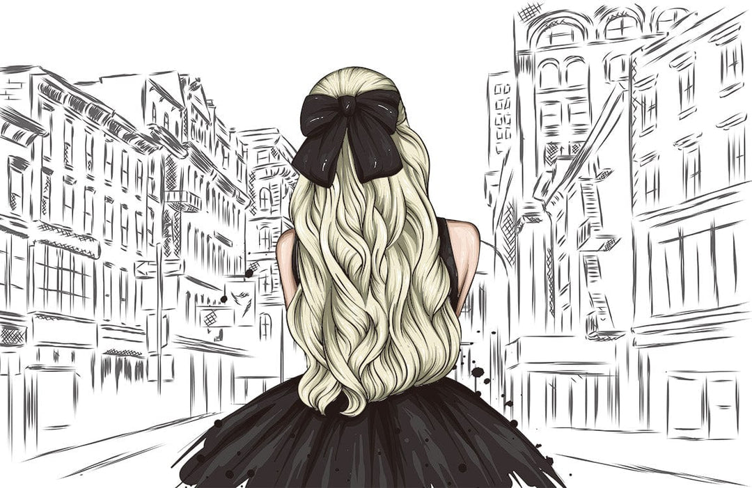 Elegant Cityscape Mural Wallpaper in Monochrome Sketch with Fashionable Black Dress