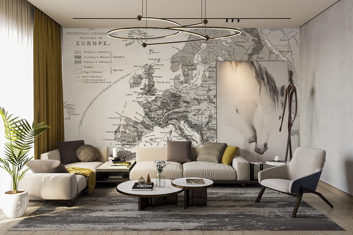 Vintage European Geological Map Wallpaper in greyscale, modern living room with light sofas, grey flooring.
