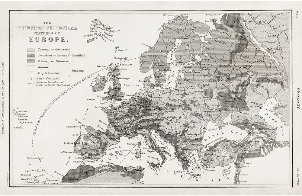 Vintage European Geological Map Mural Wallpaper in Monochrome Greyscale Style