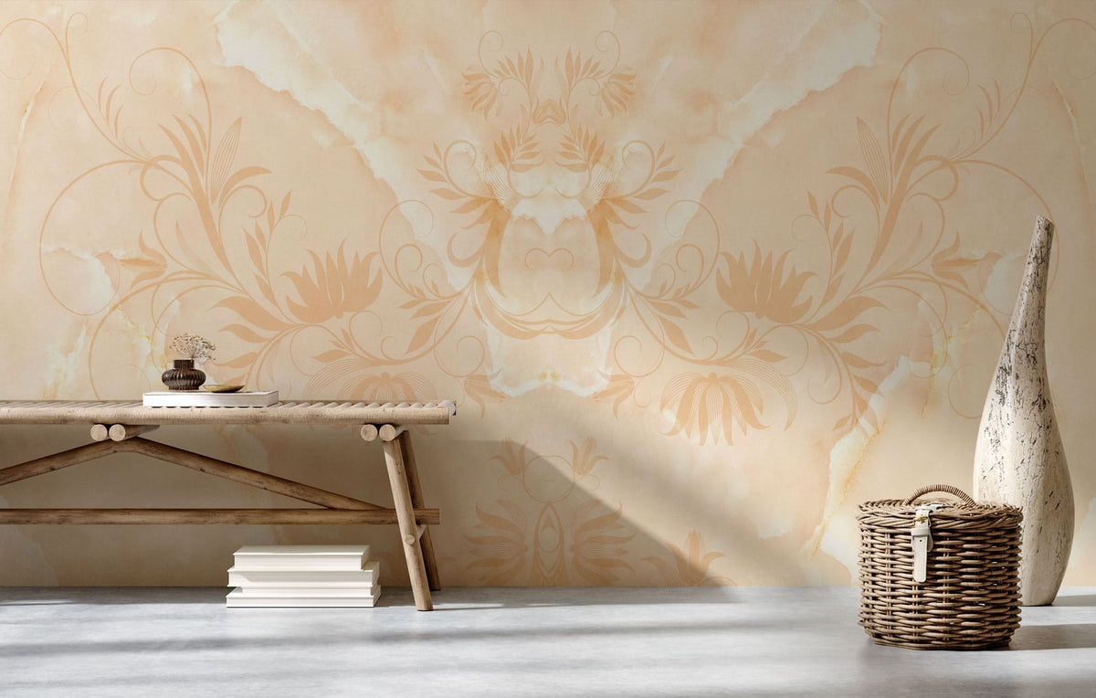 Elegant cream floral damask wallpaper in vintage style with wooden bench, wicker basket, grey floor.
