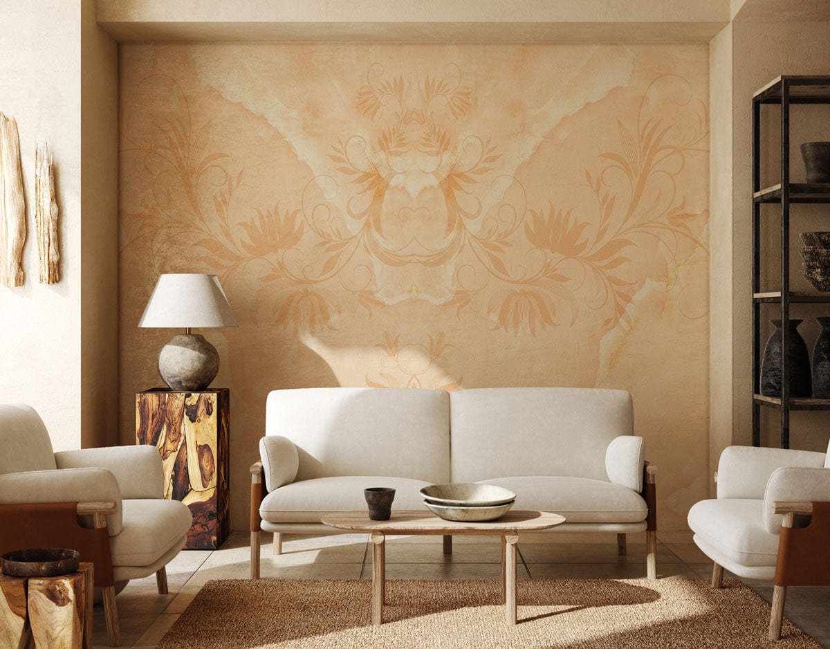 Elegant cream floral damask wallpaper decor, beige sofa set, natural wood flooring, artistic lamp design.