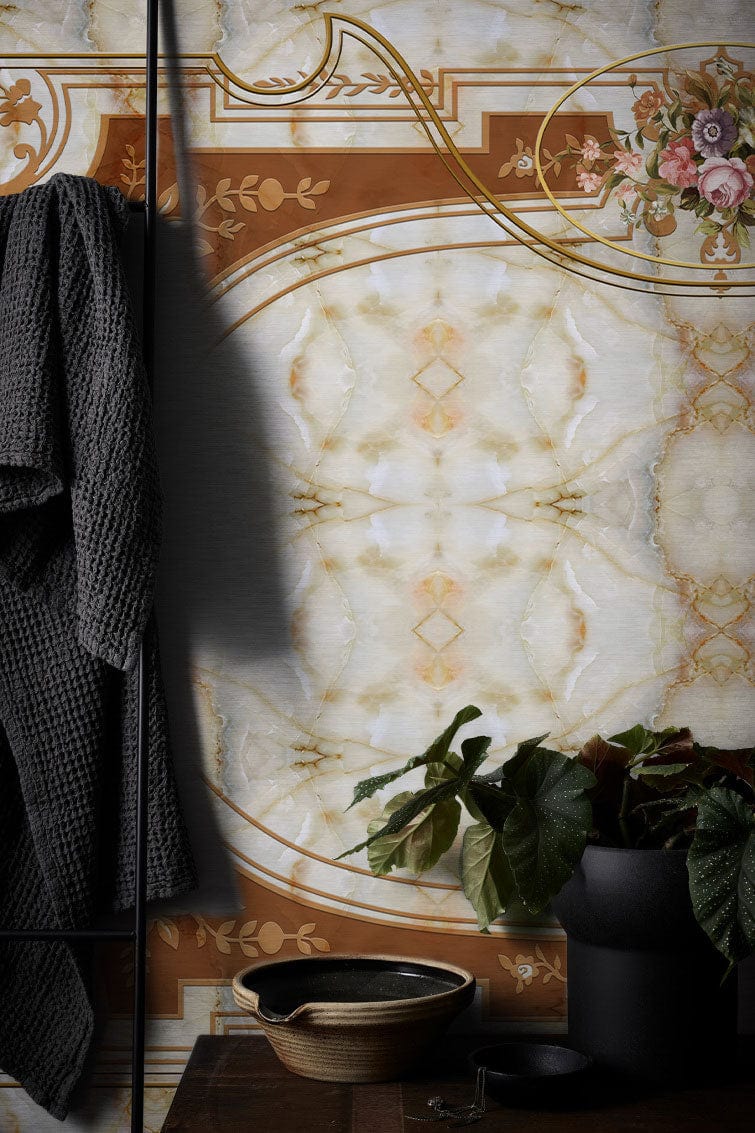 Vintage floral baroque pattern mural wallpaper in warm tones; dark textile, wooden table, modern decor elements.