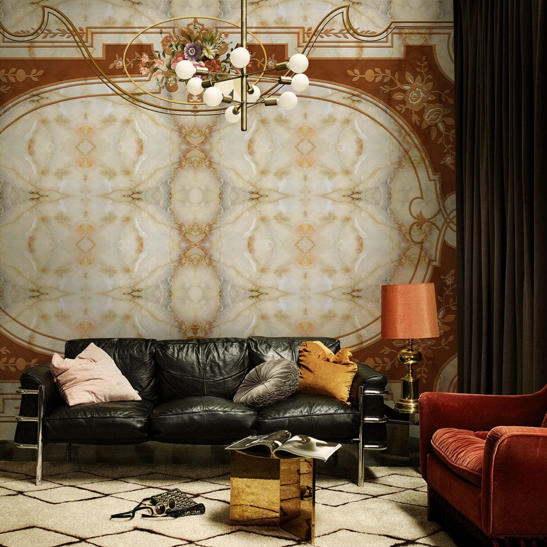 Vintage floral baroque mural wallpaper in warm tones, elegant black sofa, gold table, luxurious lounge.