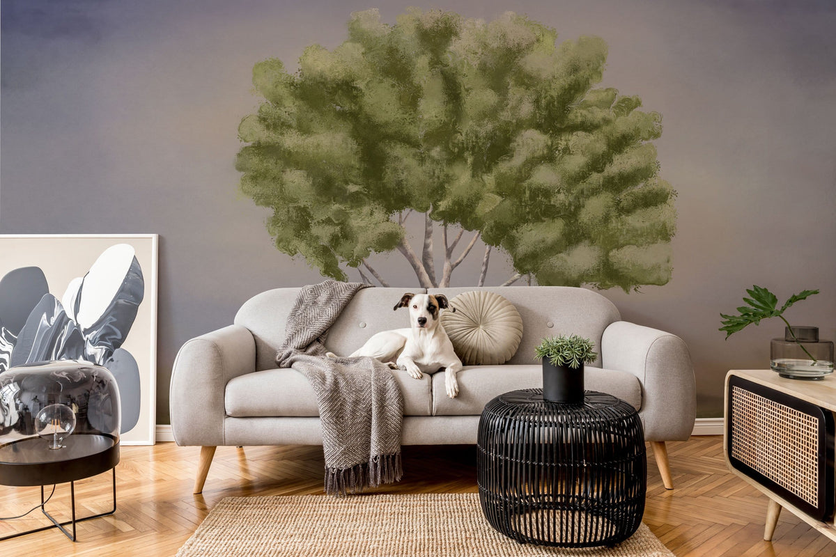 Lush Green Tranquil Tree Mural Wallpaper in modern lounge with grey sofa, black table, wooden flooring.