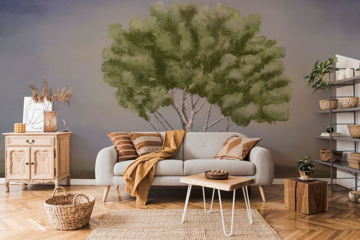 Lush Green Tree Mural in cosy living room, grey sofa, wooden flooring, rustic cabinets and shelves.