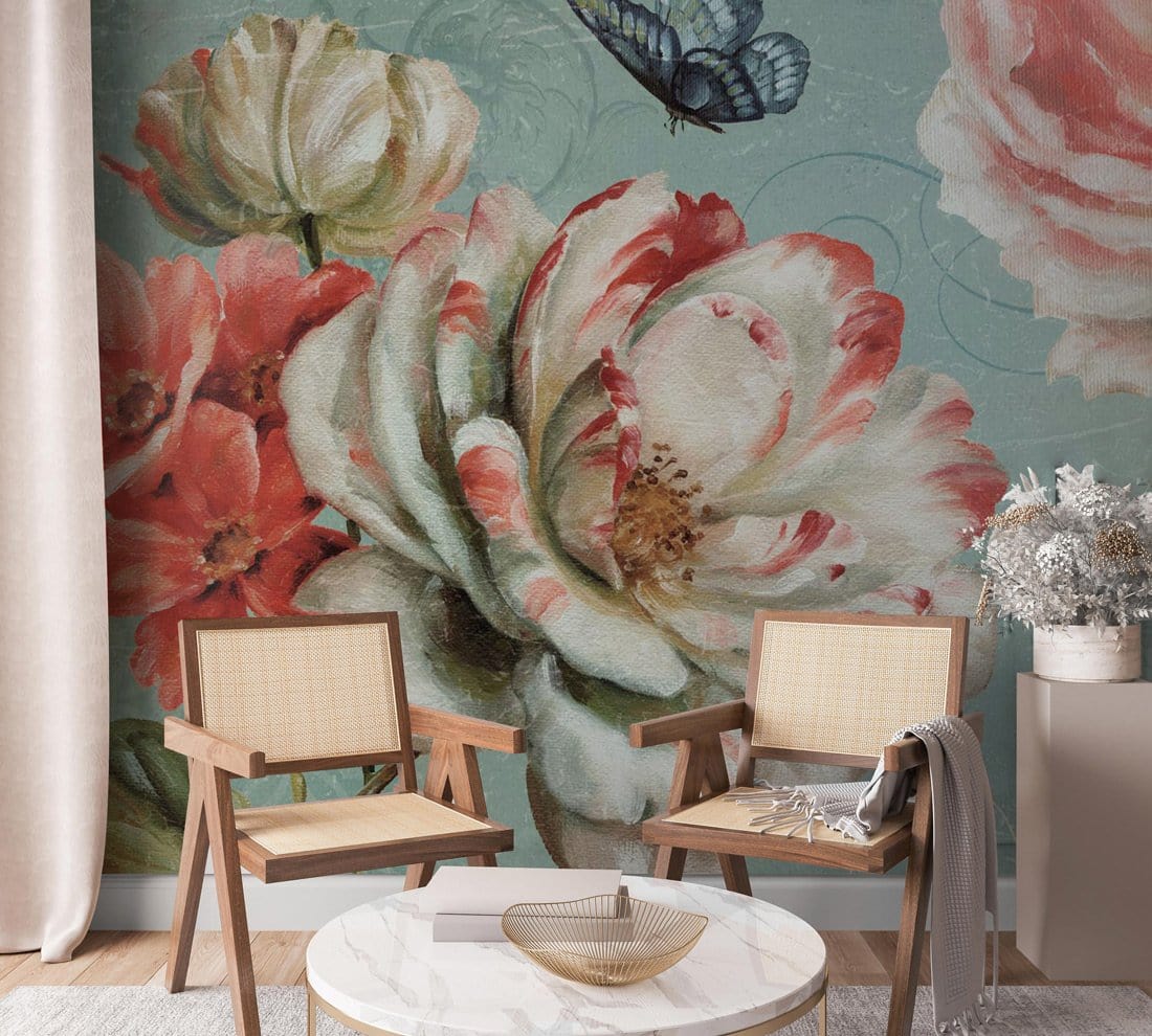 Vintage floral wallpaper with red, white roses, butterfly; beige chairs, marble table, modern room.
