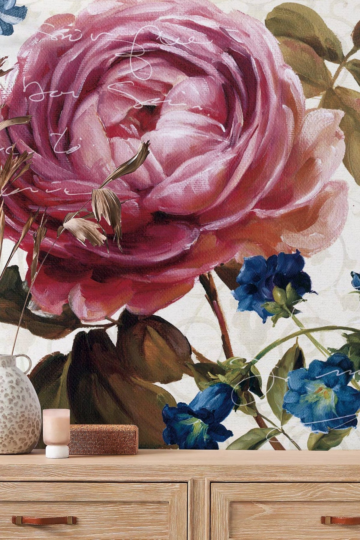 Elegant wallpaper featuring pink and blue floral mural, wood sideboard, placed in stylish living room.