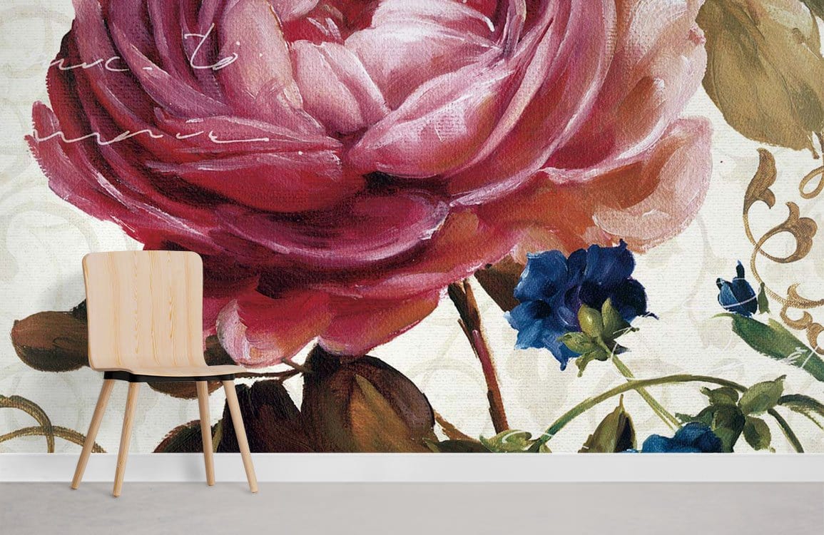 Elegant Vintage Floral Blooms Mural Wallpaper in pink, blue tones; minimalist wooden chair; grey flooring.