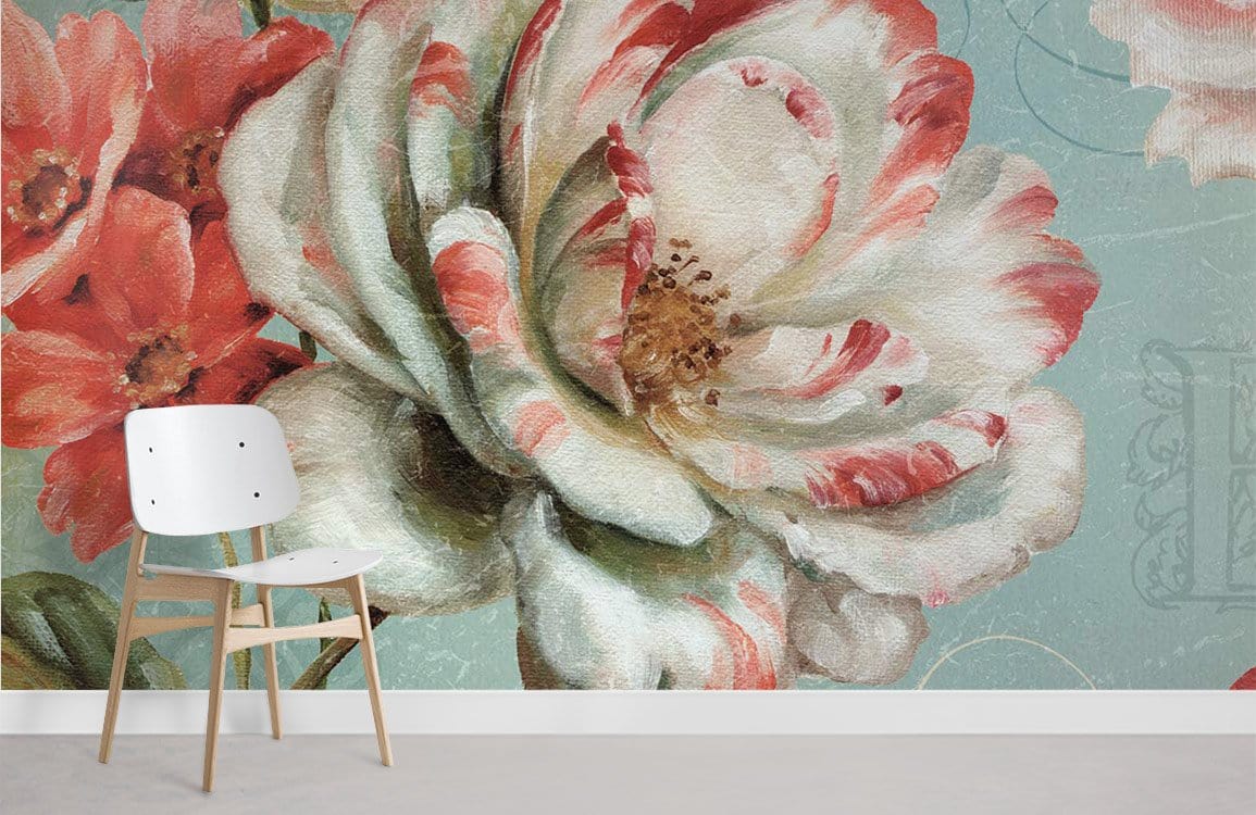 Vintage Floral Bloom Wallpaper with red, white roses; minimalist white chair; elegant living room decor.