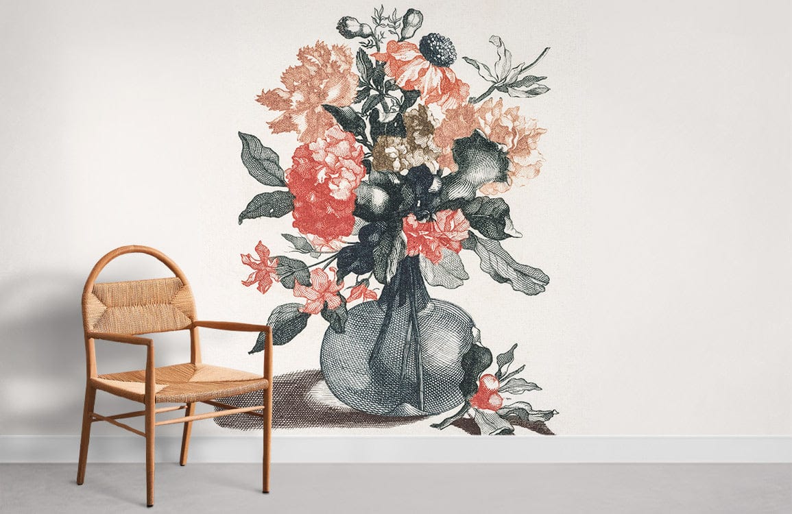 Vintage Floral Bouquet Wallpaper in rustic red and green, features wooden chair, light grey flooring.