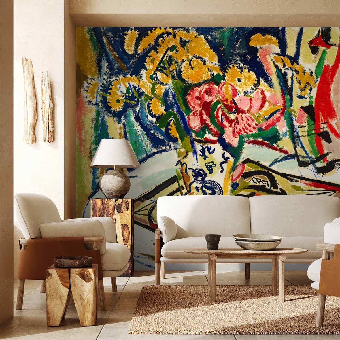 Vibrant floral mural wallpaper in living room with beige sofa, wooden tables, colourful bold accents.