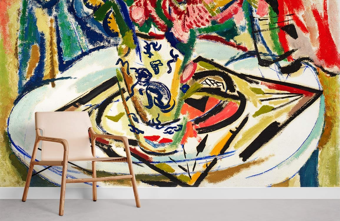 Vibrant abstract floral mural wallpaper with bold colours, light wood chair, neutral flooring, art-inspired decor.