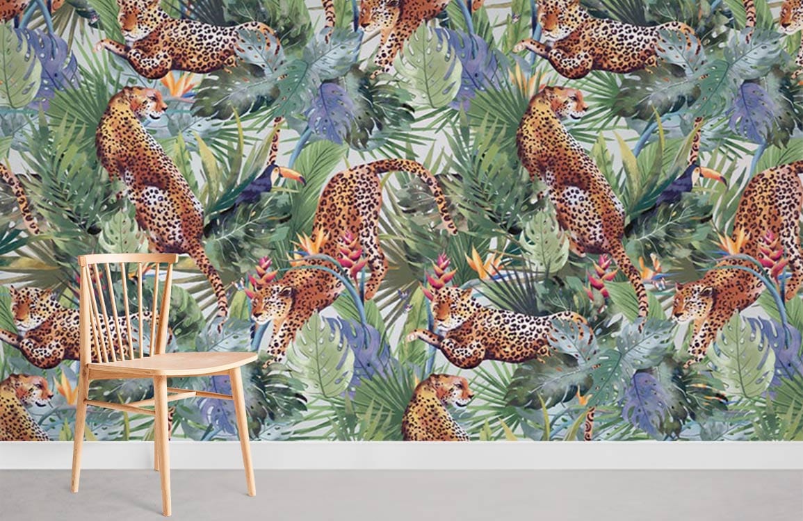 Tropical Jungle Leopards Wallpaper in vibrant green with wooden chair, botanical safari mural design.