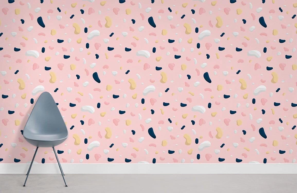 Playful Pink Abstract Confetti Wallpaper, Modern Interior, Grey Chair, Light Concrete Flooring, Contemporary Design.