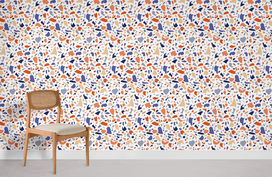 Colourful Terrazzo Effect Wallpaper with wooden chair in modern interior design. Multicolour abstract pattern.