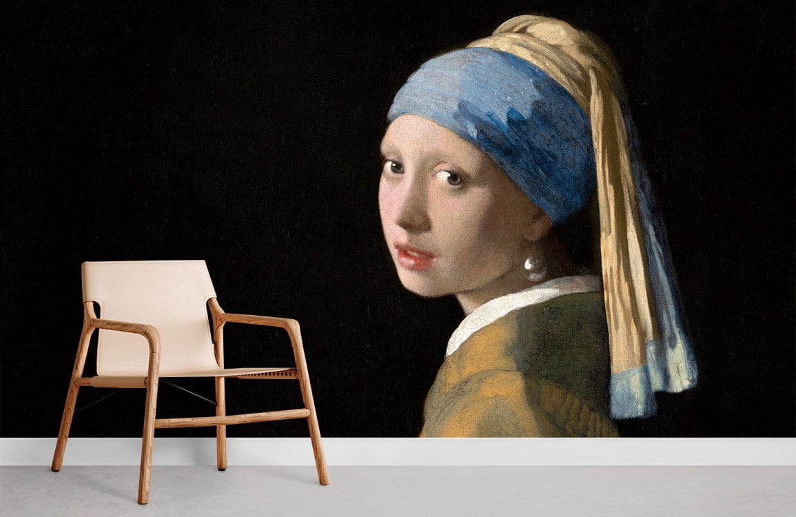 Elegant Classic Portrait Mural Wallpaper with chair; timeless blue accents in modern minimalist room.