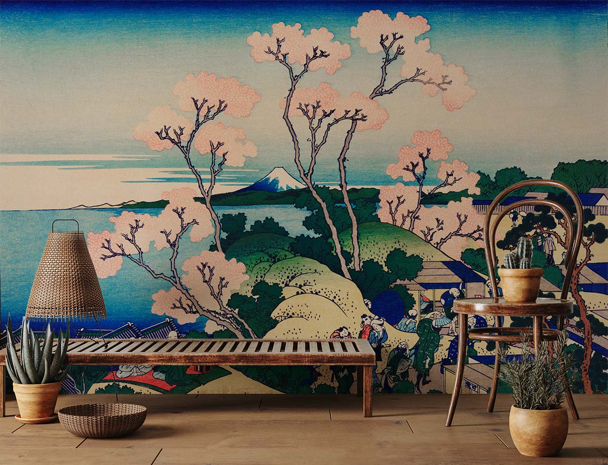 Serene Japanese mural featuring pink sakura, blue horizon; wooden bench, chair, rustic room decor.