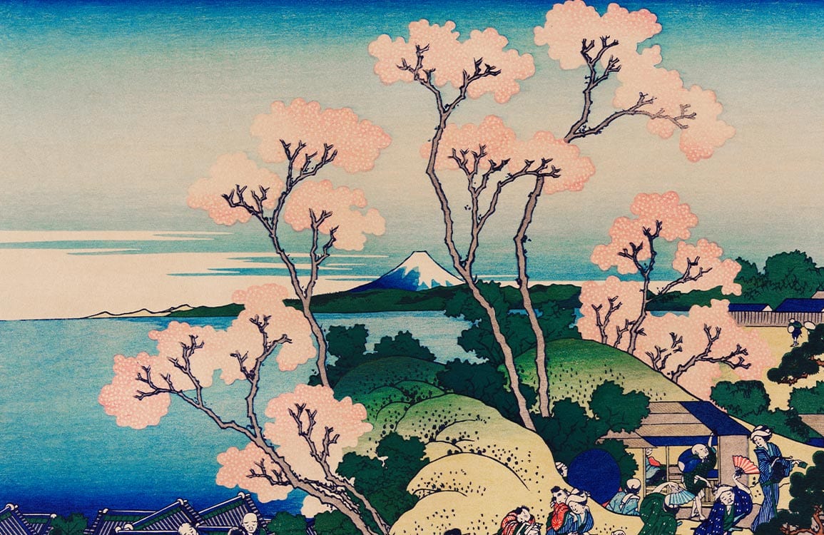 Serene Japanese Landscape Mural: Pink Sakura Blossom and Blue Horizon Art