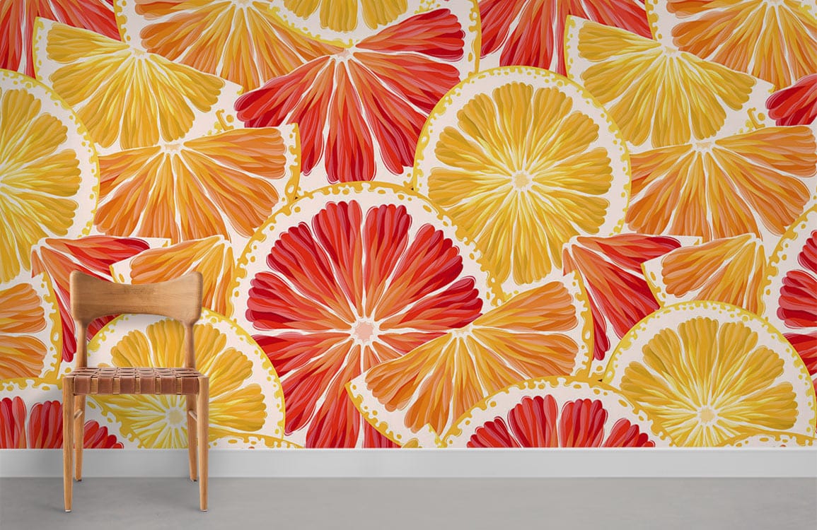 Vibrant citrus pattern wallpaper with wooden chair, grey flooring; orange and red fruit design.