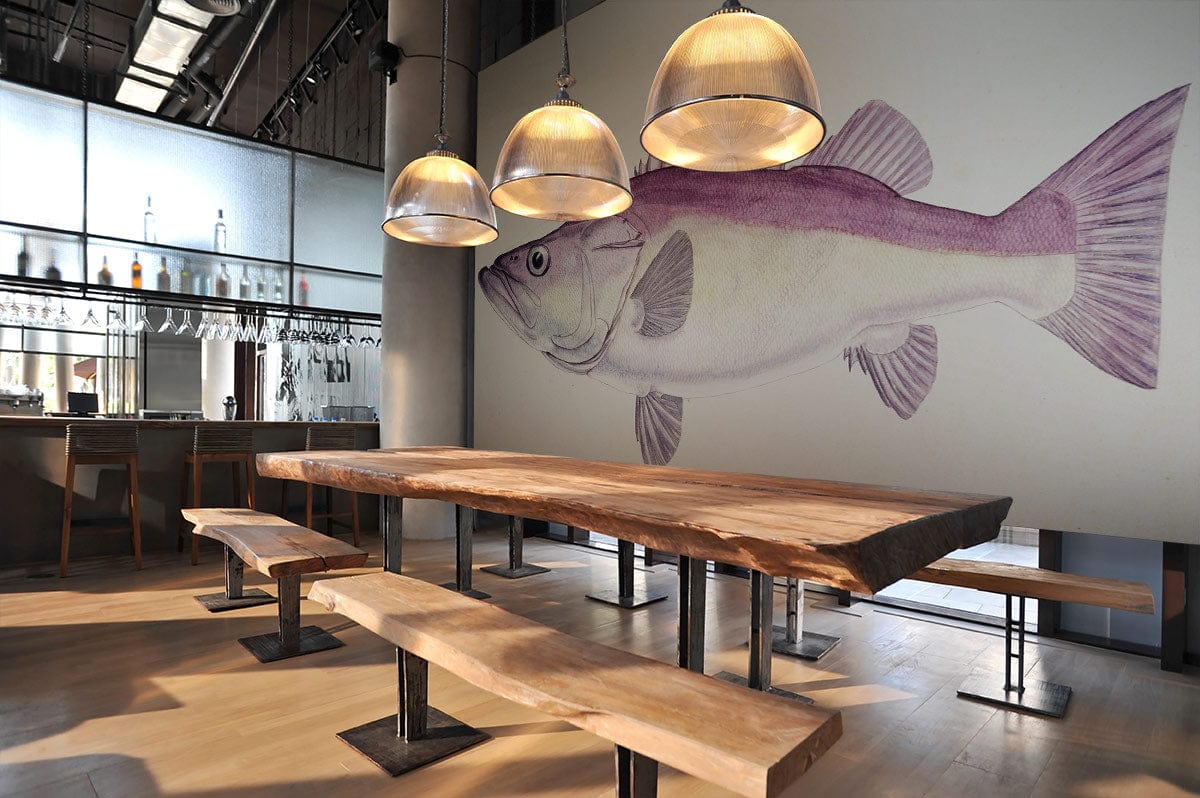 Vintage Purple Fish wallpaper for nautical Décor in modern restaurant with wooden tables, pendant lights.