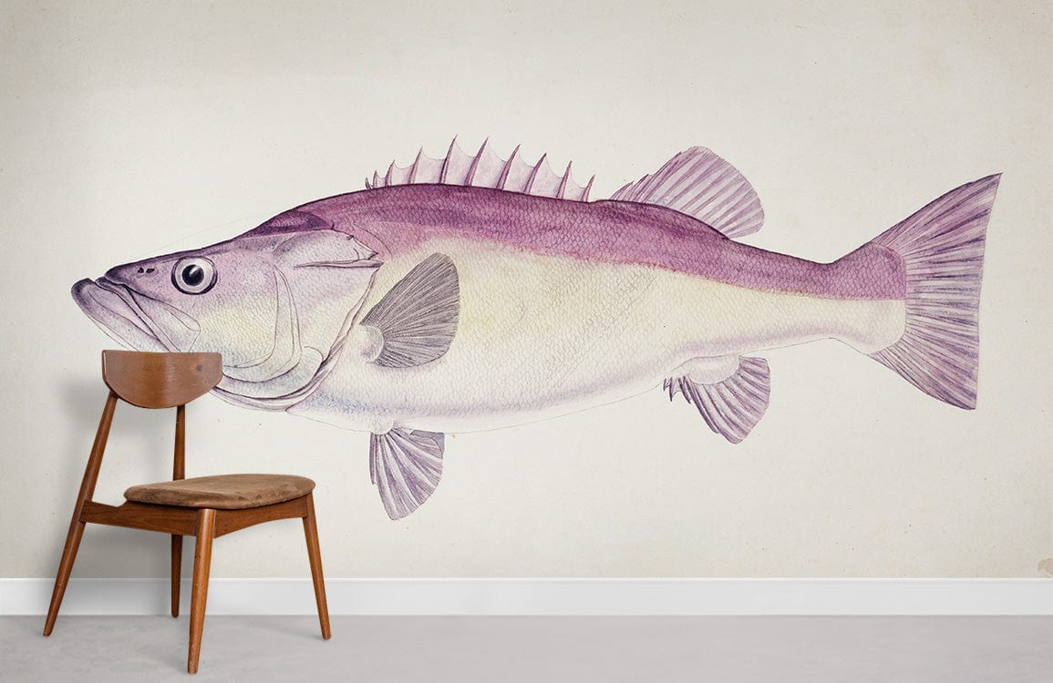 Vintage Purple Fish Wallpaper in nautical-themed room, wooden chair, neutral wall and floor.
