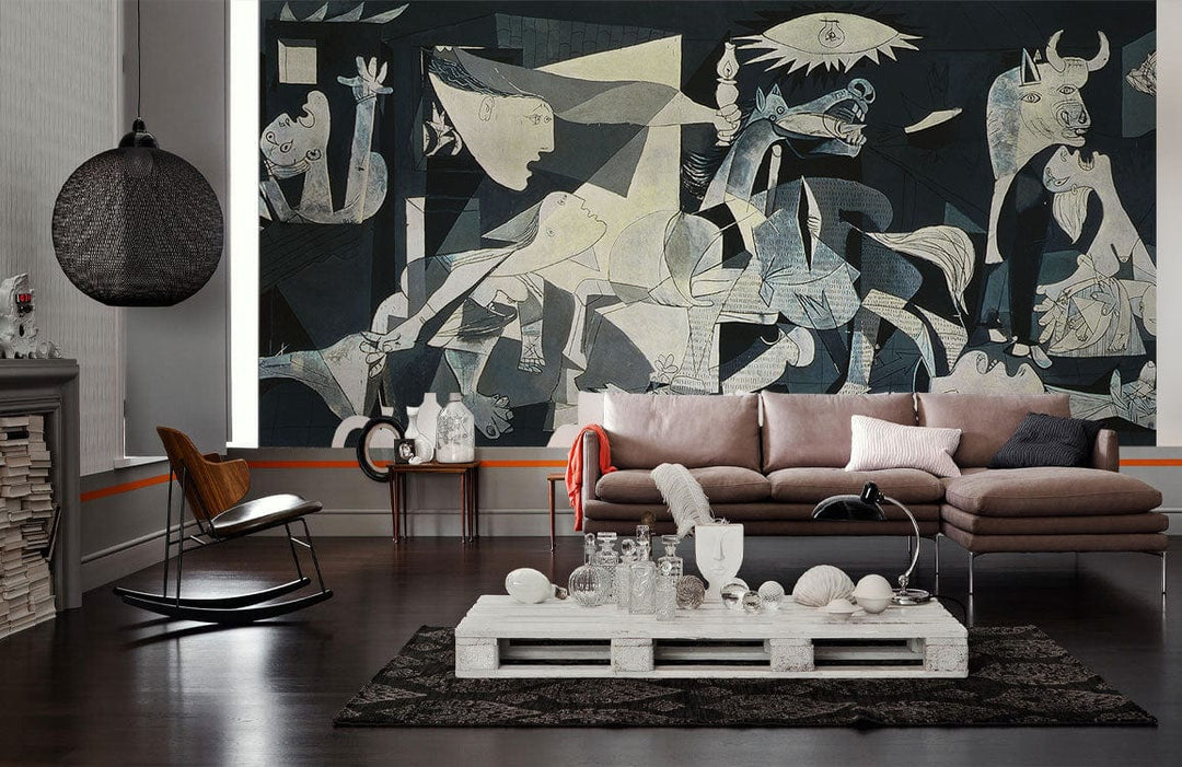 Modern living room with dark mural, brown sofa, dark wood flooring, artistic decor, contemporary furniture design.