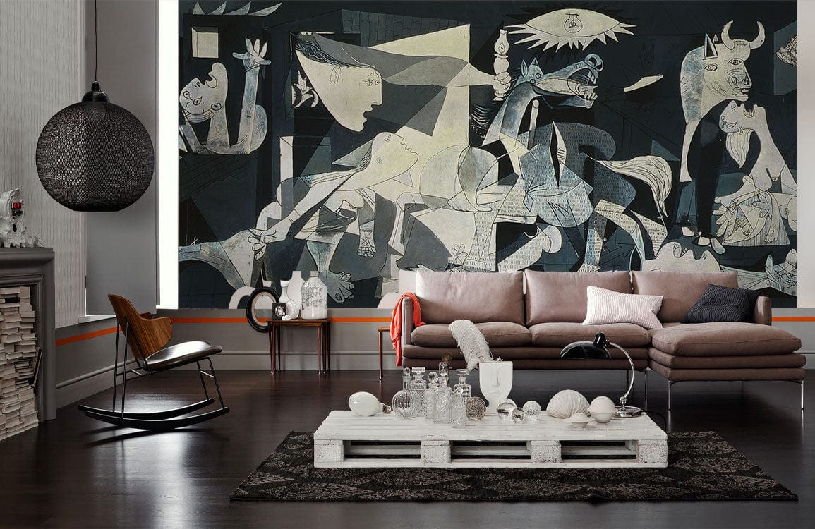 Modern living room with dark mural, brown sofa, dark wood flooring, artistic decor, contemporary furniture design.