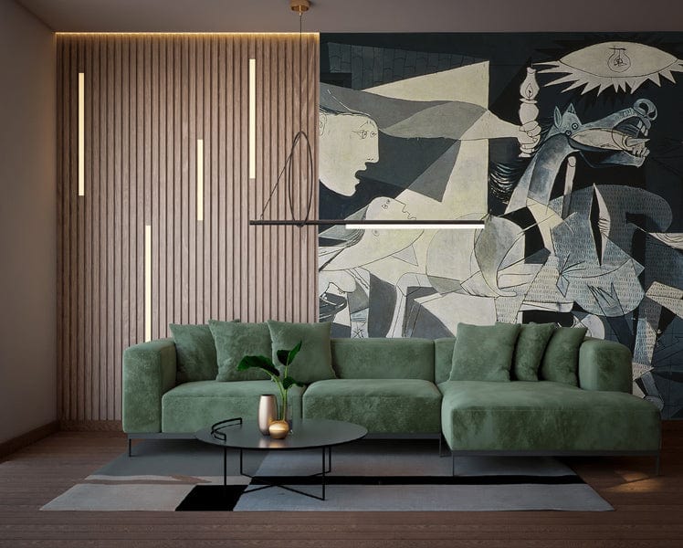 Green velvet sofa in modern living room with abstract art, wooden wall panelling, and sleek lighting.