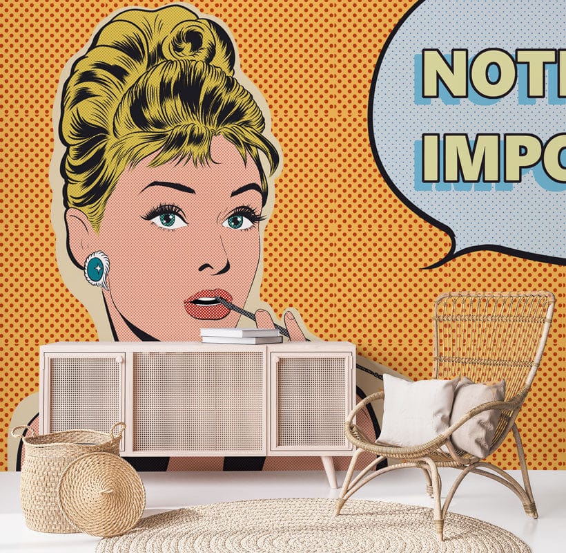 Retro Pop Art Mural Wallpaper, vintage comic design, wicker chair, neutral furniture, woven rug.