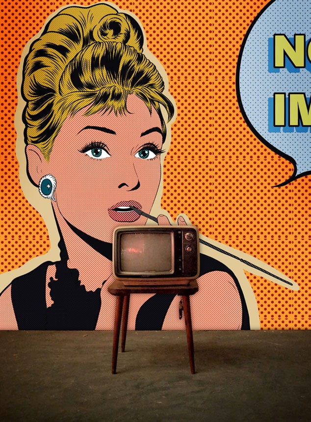 Retro Pop Art Mural Wallpaper with vintage comic style, retro TV, and grey flooring in living room.