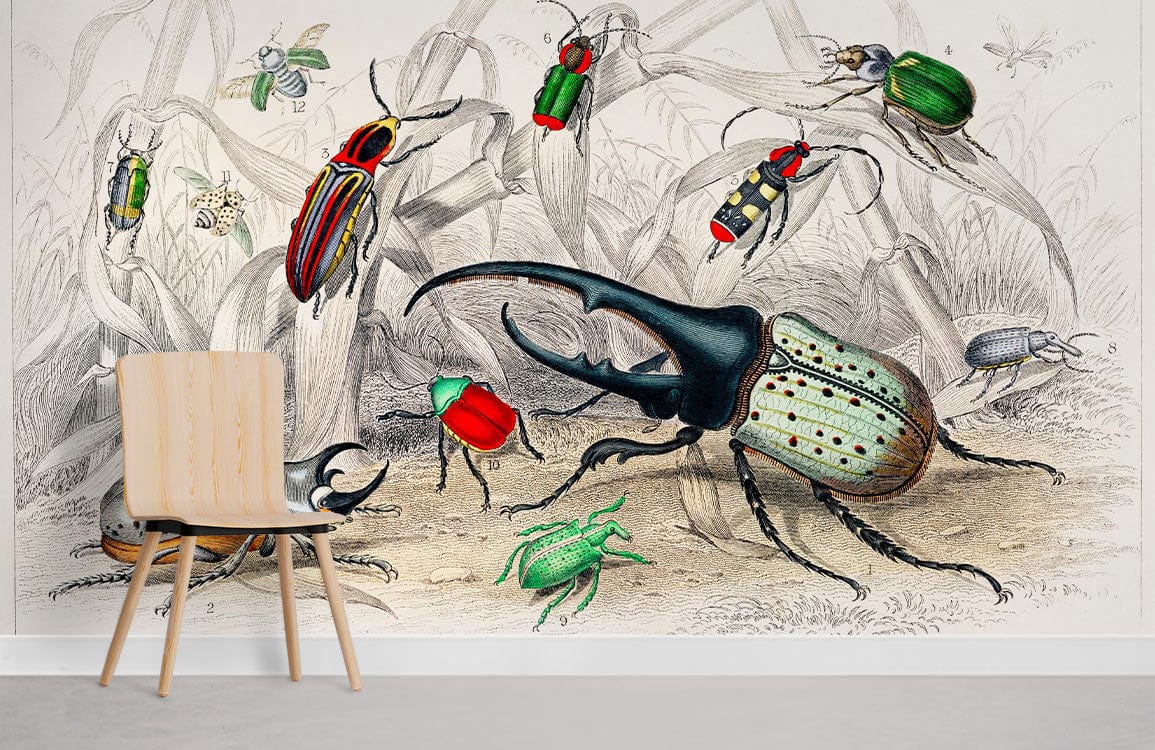 Alt text: Vintage Botanical Beetle Illustration Wallpaper, colourful insects, wooden chair, light grey flooring.