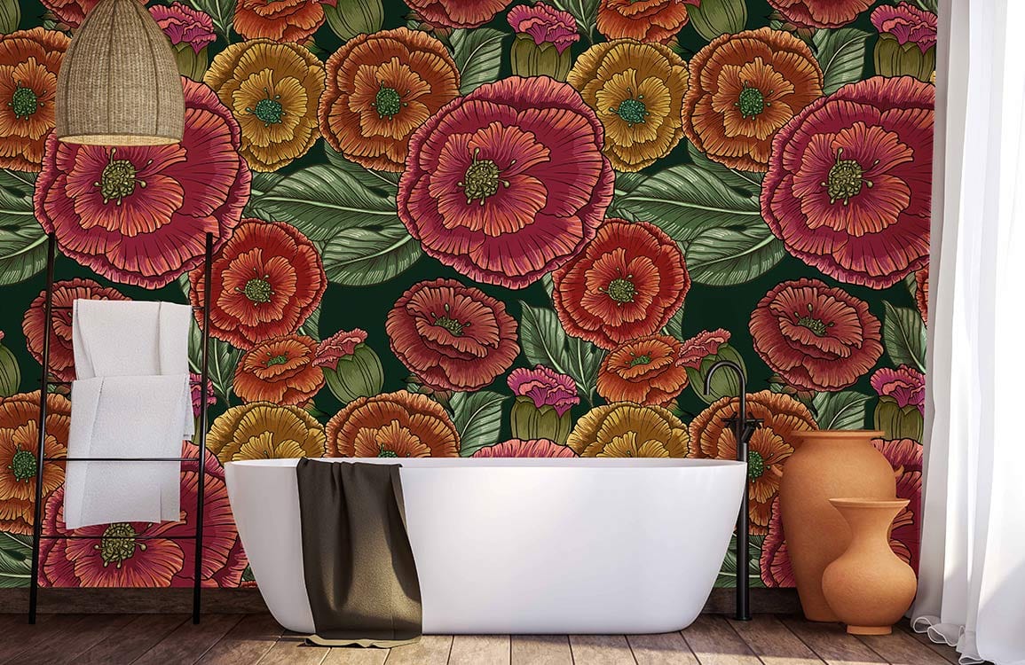 Vintage botanical floral wallpaper in bathroom with freestanding bathtub; dark green backdrop; wooden flooring.