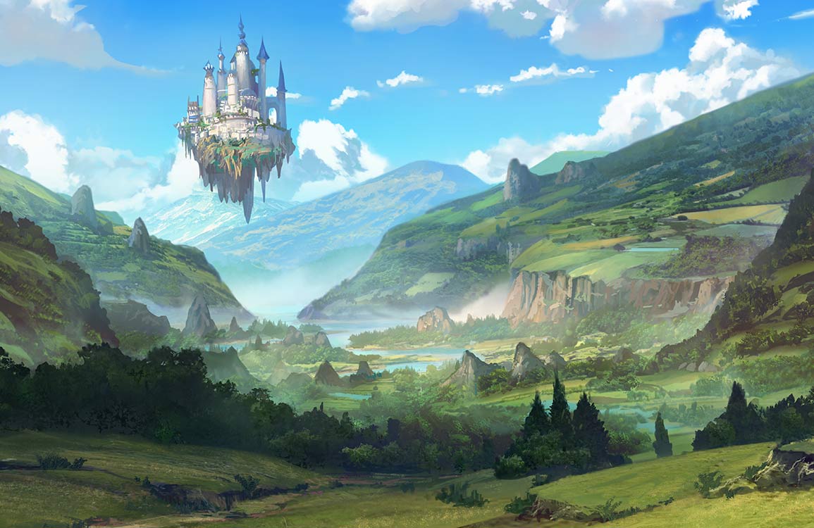 Enchanting Floating Castle Landscape Mural Wallpaper - Lush Green Fantasy Adventure