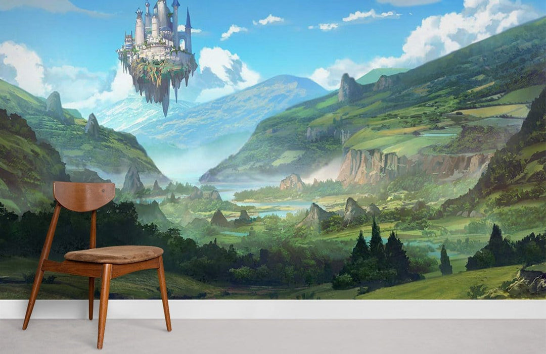 Enchanting Floating Castle Landscape Mural Wallpaper in living room with wooden chair on grey flooring.