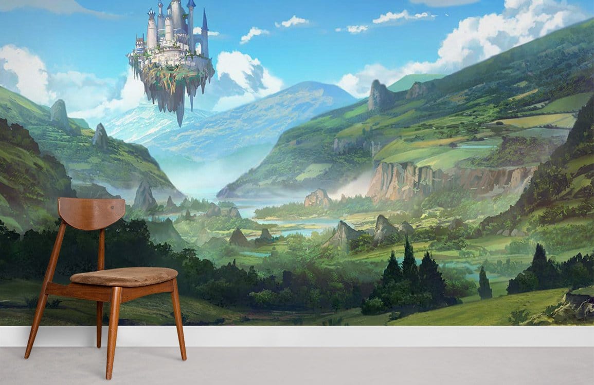 Enchanting Floating Castle Landscape Mural Wallpaper in living room with wooden chair on grey flooring.