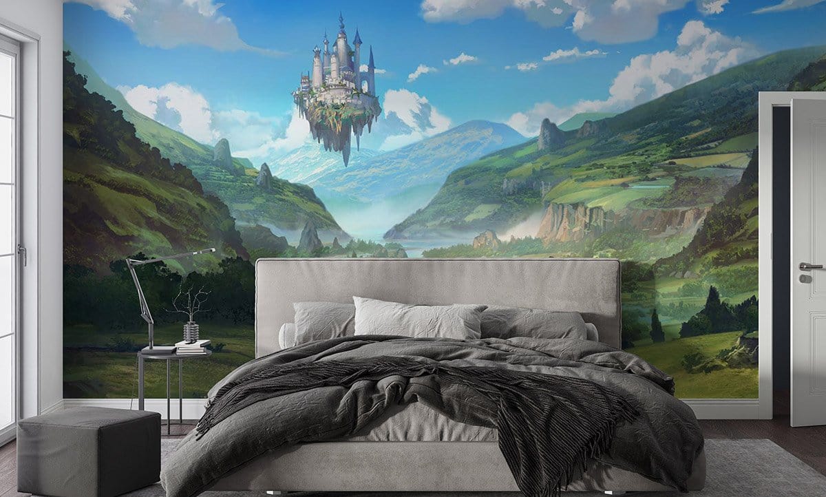 Bedside decor with enchanting floating castle mural wallpaper, lush green fantasy landscape, in bedroom.