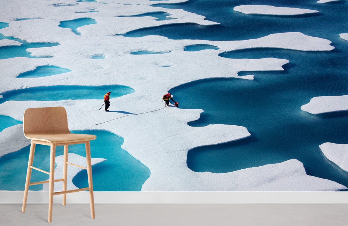 Icy Blue Arctic Adventure scenic wallpaper, light wooden chair, neutral flooring, modern minimalist room decor.