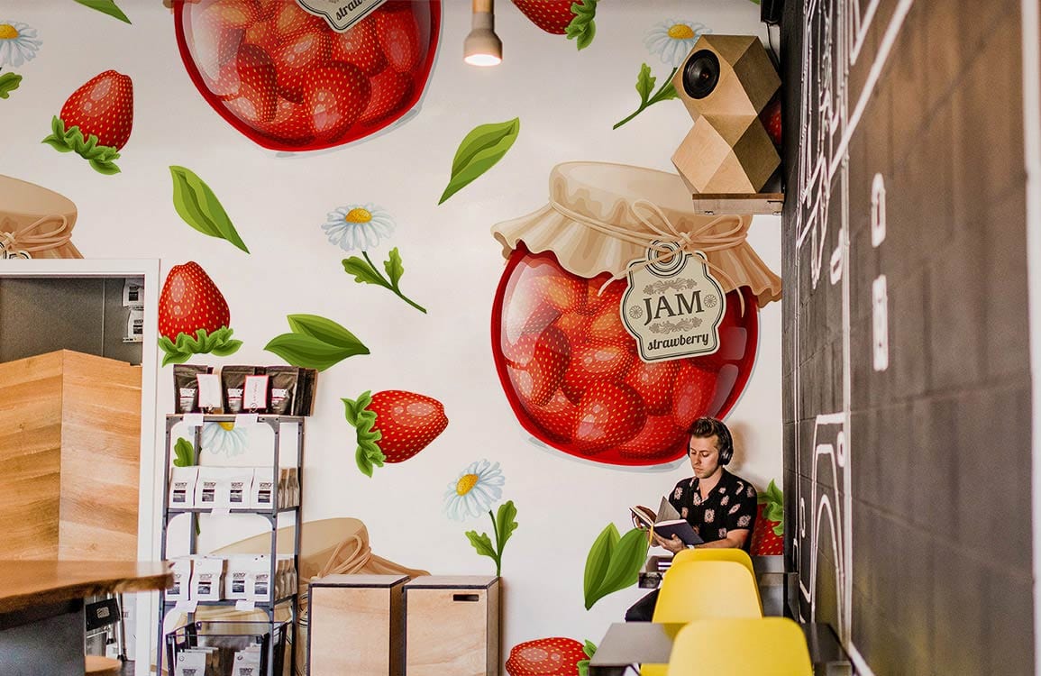Strawberry Jam pattern wallpaper in vintage farmhouse kitchen design, yellow chairs, modern wall decor.