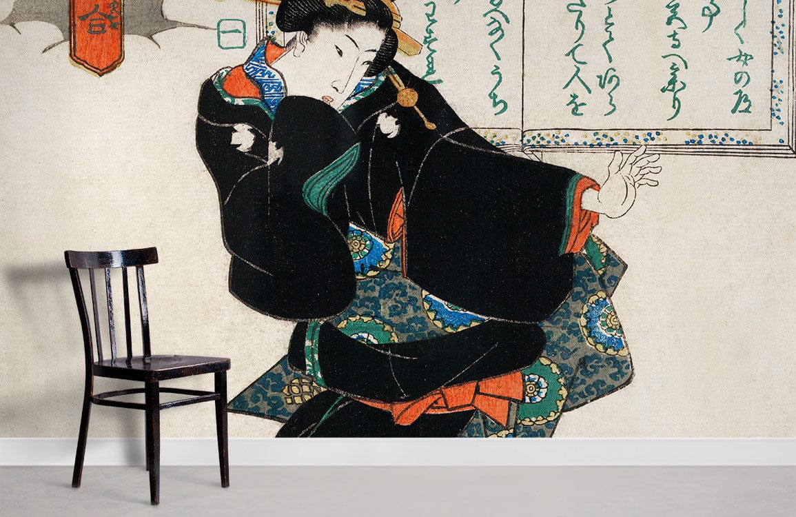 Elegant vintage Japanese art-inspired wallpaper featuring woman, black chair, grey floor in minimalist room.