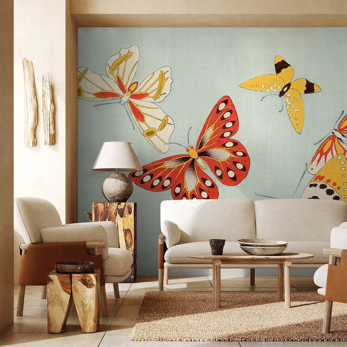 Vintage Pastel Butterfly Wallpaper in room with grey sofa, modern armchair, beige walls, and light flooring.
