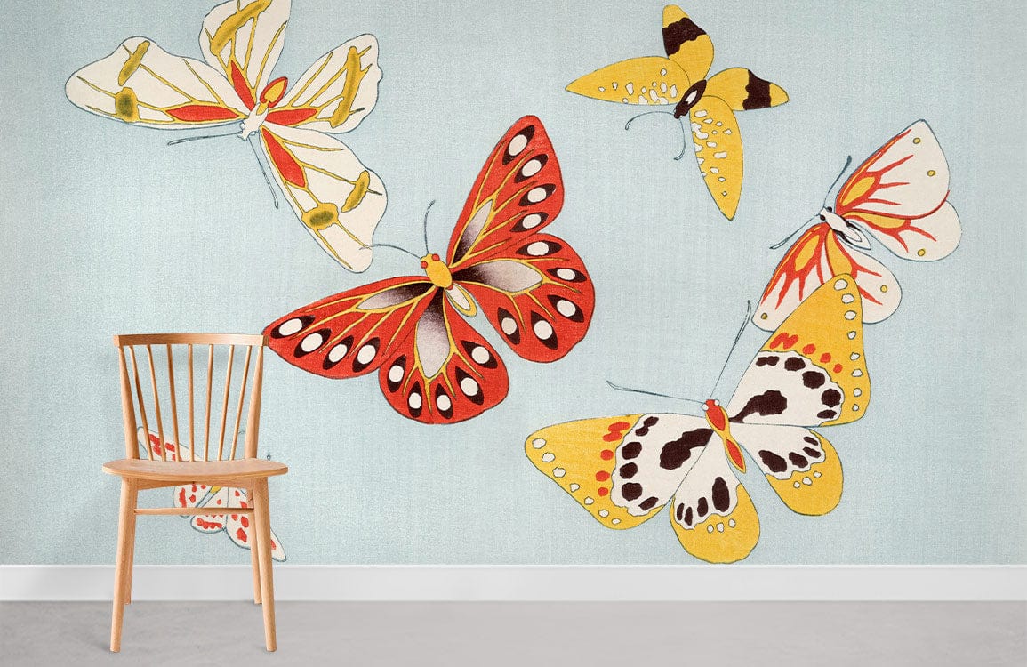 Vintage Pastel Butterfly Wallpaper in elegant red and yellow, wooden chair, grey flooring.