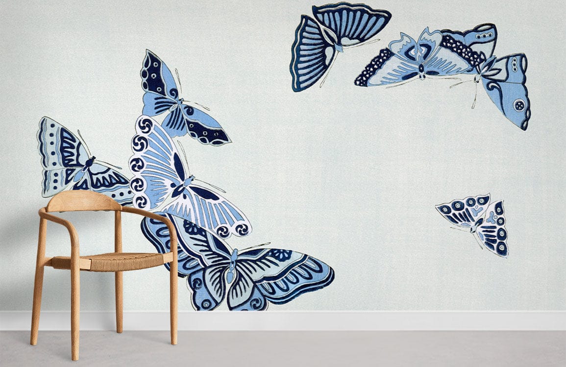 Serene Blue Butterfly Pattern Wallpaper, elegant nature decor, beige wall, wooden chair, minimalist interior.